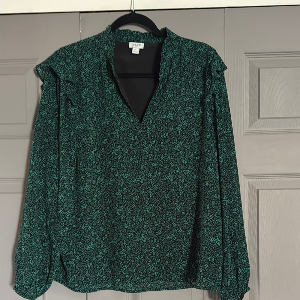 J. Crew Green Puff Sleeve Blouse with Mandarin Collar